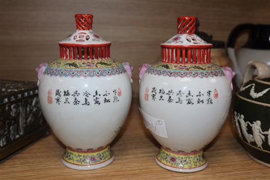 A pair of Chinese famille rose vases and covers, 20th century height 18.5cm